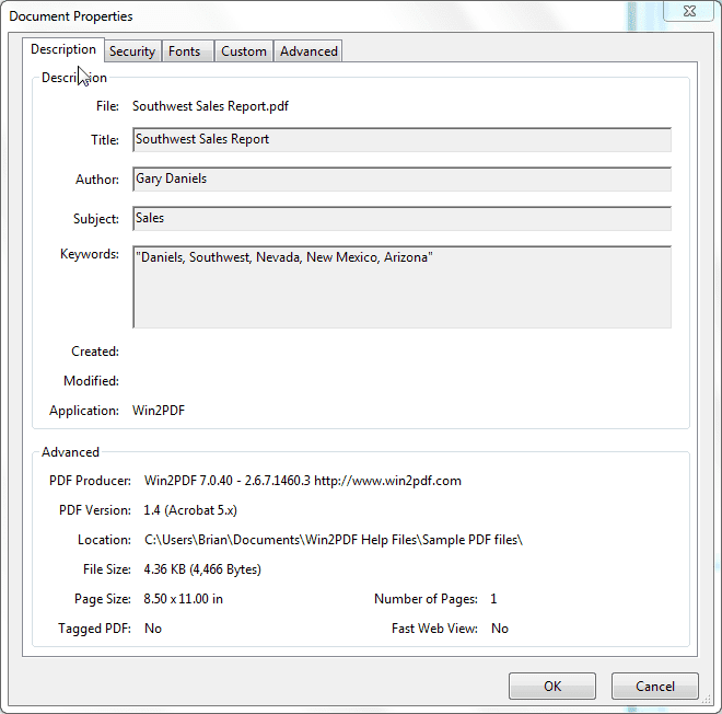 Viewing the Document Information information in Adobe Reader