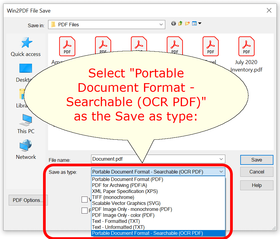 Main Win2PDF File Save Window