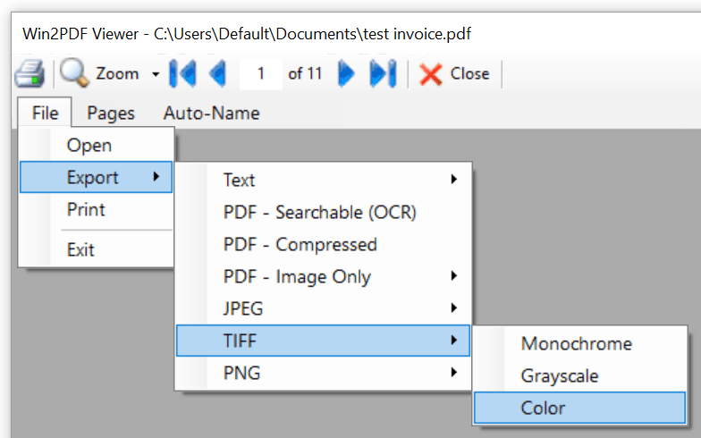 Win2PDF Desktop - Export PDF to TIFF menu