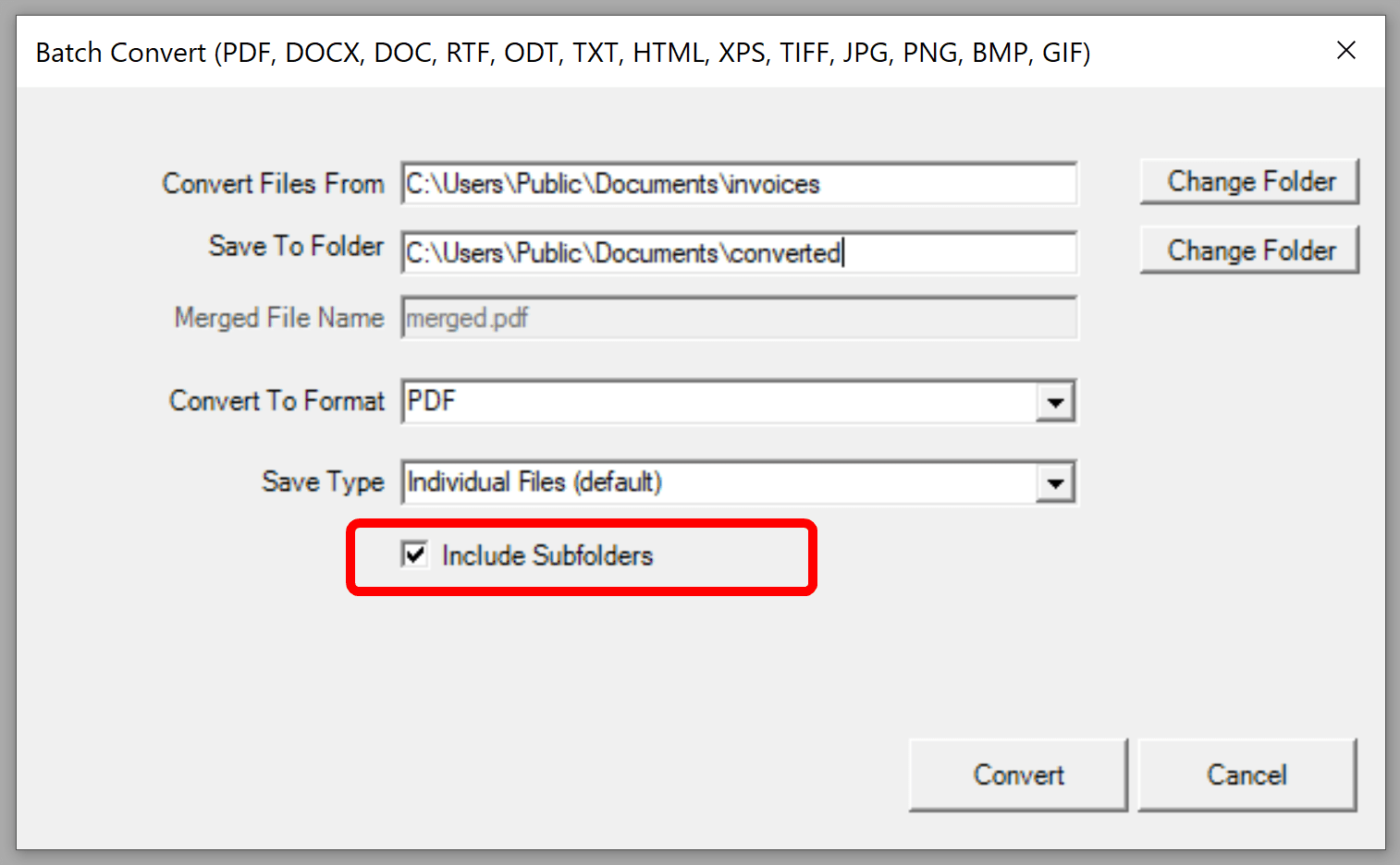 Win2PDF Desktop - Batch Convert Include Subfolders