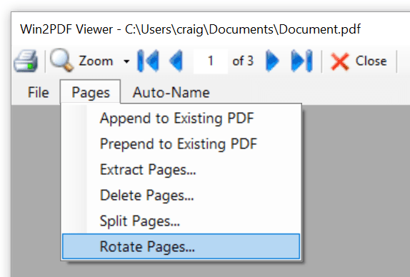 Win2PDF Desktop - Rotate Pages Menu